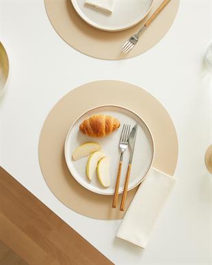 6lı Bej/Taş Renk Suni Deri Amerikan Servis Set Ø 36 cm