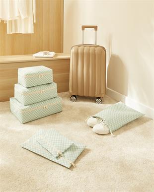 6lı Mint Dama Desen Pamuklu Bavul İçi Düzenleyici Set