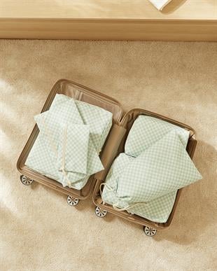 6lı Mint Dama Desen Pamuklu Bavul İçi Düzenleyici Set