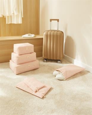 6lı Pembe Dama Desen Pamuklu Bavul İçi Düzenleyici Set