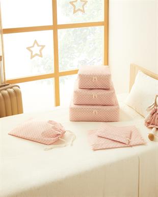 6lı Pembe Dama Desen Pamuklu Bavul İçi Düzenleyici Set