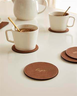 6lı Taba Renk Deri Bardak Altlığı Ø 10 cm