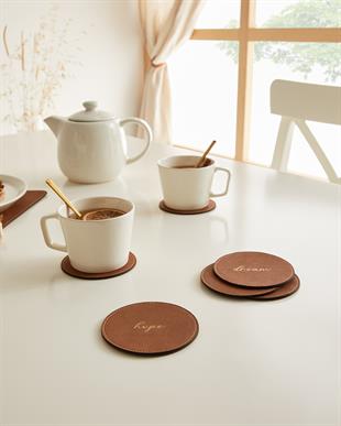 6lı Taba Renk Deri Bardak Altlığı Ø 10 cm