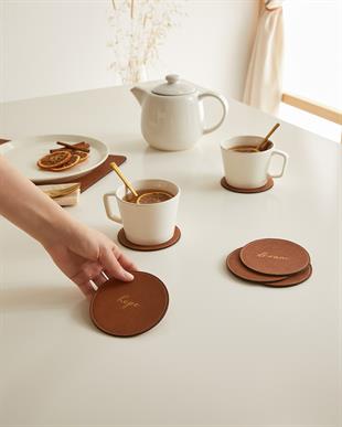 6lı Taba Renk Deri Bardak Altlığı Ø 10 cm