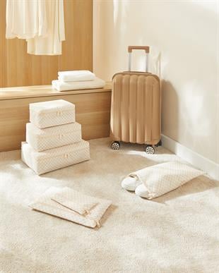 6lı Bej Dama Desen Pamuklu Bavul İçi Düzenleyici Set