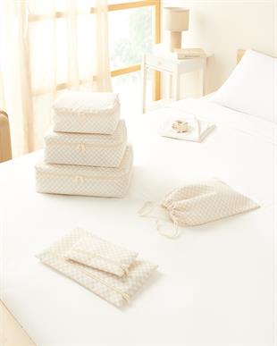 6lı Bej Dama Desen Pamuklu Bavul İçi Düzenleyici Set