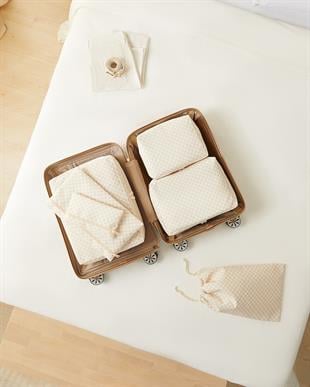 6lı Bej Dama Desen Pamuklu Bavul İçi Düzenleyici Set