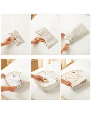 6lı Gri Dama Desen Pamuklu Bavul İçi Düzenleyici Set