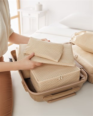 7li Bej Balıksırtı Bavul İçi Düzenleyici Set 