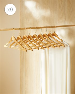 9lu Altın Kancalı Ahşap Görünümlü Plastik Giysi Askısı 25 x 44.5 x 1 cm