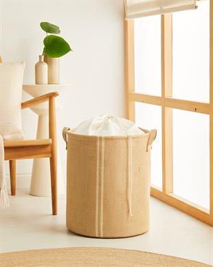 Ağzı Büzgülü Çizgili Jüt Çamaşır Sepeti 36 x 40 cm