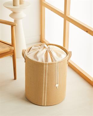 Ağzı Büzgülü Çizgili Jüt Çamaşır Sepeti 36 x 40 cm