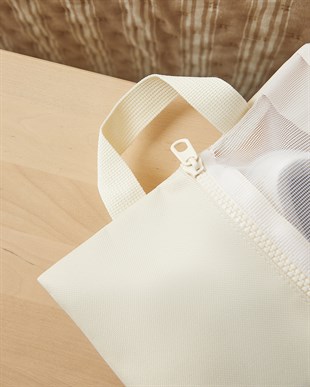 Bej Renk Fileli Oxford Kumaş Ayakkabı Düzenleyici Taşıma Çantası 22 x 40 x 9 cm