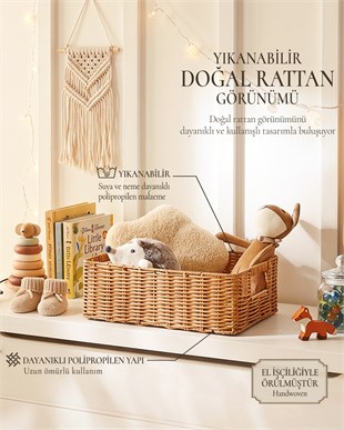 Çocuk Odası Yıkanabilir Bej PP Rattan Sepet 36 x 26 x 12 cm