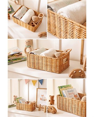 Çocuk Odası Yıkanabilir Bej PP Rattan Sepet 30 x 20 x 11 cm