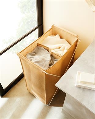 Katlanabilir Bölmeli Beyaz Metal Destekli Naturel Jüt Çamaşır Sepeti 44 x 29.5 x 63 cm