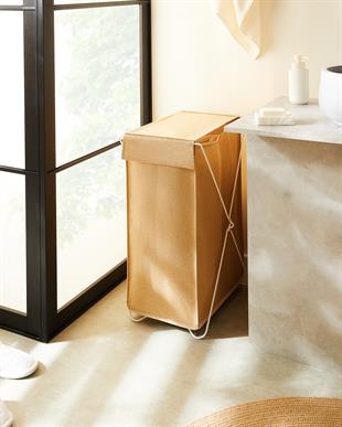 Katlanabilir Bölmeli Beyaz Metal Destekli Naturel Jüt Çamaşır Sepeti 44 x 29.5 x 63 cm