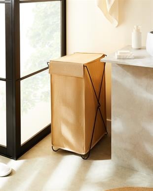 Katlanabilir Bölmeli Siyah Metal Destekli Naturel Jüt Çamaşır Sepeti 44 x 29.5 x 63 cm