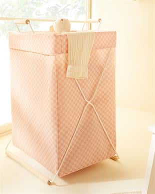 Katlanabilir Metal Destekli Beyaz Renk Pembe Dama Desen Çamaşır Sepeti 36 x 33 x 60 cm
