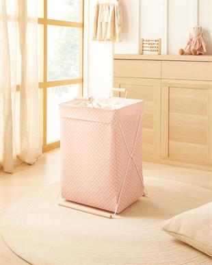 Katlanabilir Metal Destekli Beyaz Renk Pembe Dama Desen Çamaşır Sepeti 36 x 33 x 60 cm