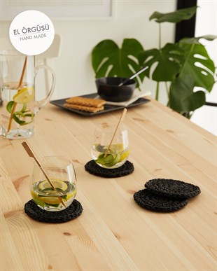 4lü Siyah Renk Rafya Bardak Altlığı Ø 11 cm