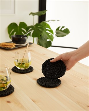 4lü Siyah Renk Rafya Bardak Altlığı Ø 11 cm