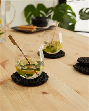 4lü Siyah Renk Rafya Bardak Altlığı Ø 11 cm