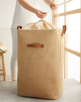 Ağzı Büzgülü Jüt Çamaşır Sepeti 36 x 36 x 57 cm