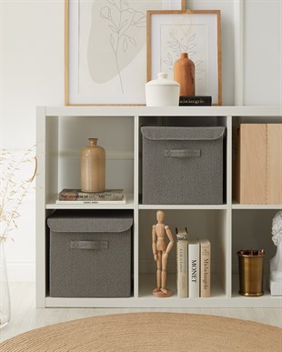 Antrasit Renk Dokulu Kumaş Kapaklı Kutu 30 x 30 x 30 cm