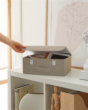Çekmece İçi Bej Renk Dokulu Kumaş Kapaklı Kutu 30 x 23 x 11 cm
