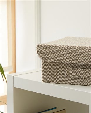 Çekmece İçi Bej Renk Dokulu Kumaş Kapaklı Kutu 30 x 23 x 11 cm