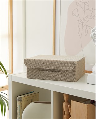 Çekmece İçi Bej Renk Dokulu Kumaş Kapaklı Kutu 30 x 23 x 11 cm