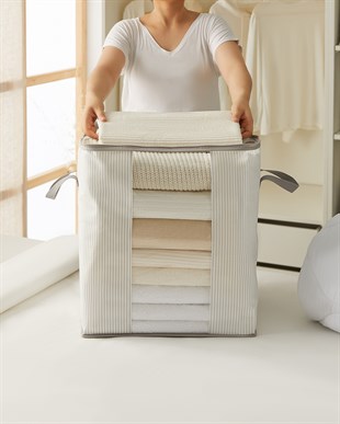 Pvc Pencereli Gri Çizgili Stuff & Things Hurç 45 x 30 x 50 cm