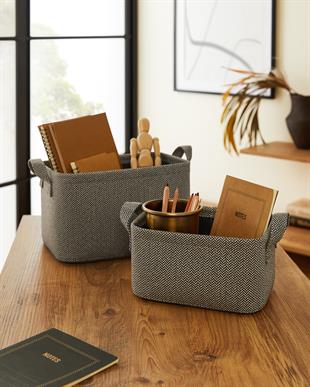 2li Antrasit Renk Dokulu Kumaş Sepet Set 24 x 17 x 12 / 30 x 21 x 18 cm