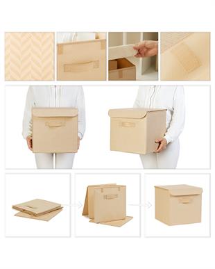 2li Bej Balıksırtı Kapaklı Kutu Set 30 x 30 x 30 cm