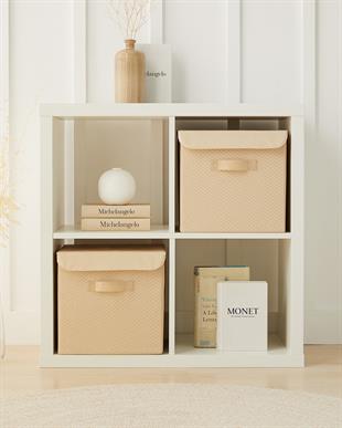 2li Bej Balıksırtı Kapaklı Kutu Set 30 x 30 x 30 cm