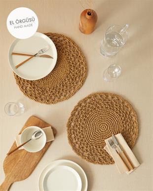 2li Bej Renk Motifli Rafya Amerikan Servis Ø 36 cm