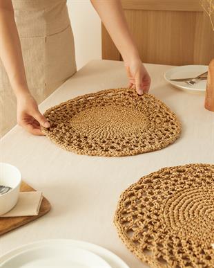 2li Bej Renk Motifli Rafya Amerikan Servis Ø 36 cm