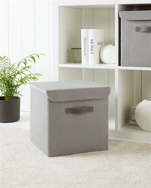 2li Gri Renk Jüt Kapaklı Kutu Set 30x30x30 cm