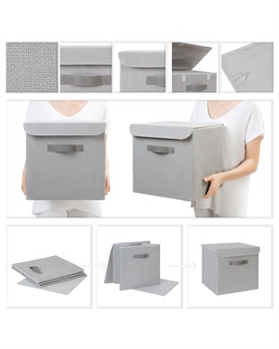 2li Gri Renk Jüt Kapaklı Kutu Set 30x30x30 cm