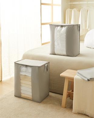 2li Pvc Pencereli Gri Renk Kapitone Hurç Set 45 x 30 x 50 cm