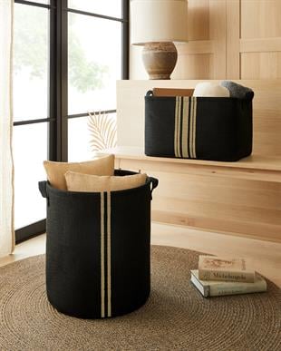 2li Siyah Renk Çizgili Jüt Sepet Set