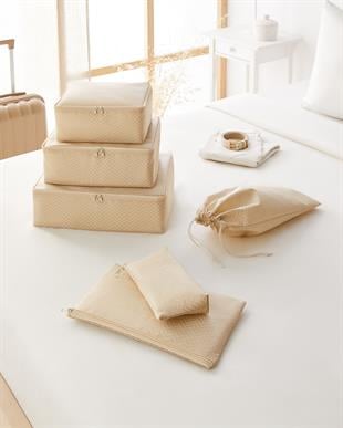 6lı Bej Balıksırtı Bavul İçi Düzenleyici Set