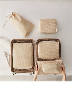 6lı Bej Balıksırtı Bavul İçi Düzenleyici Set