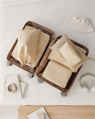 6lı Bej Balıksırtı Bavul İçi Düzenleyici Set