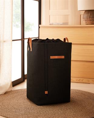 Ağzı Büzgülü Siyah Renk Jüt Çamaşır Sepeti 36 x 36 x 57 cm