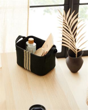 Çizgili Siyah Renk Jüt Sepet 24 x 17 x 14 cm