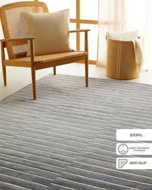 Gri Renk Çizgi Desenli Şönil Halı Kilim 120 x 180 cm