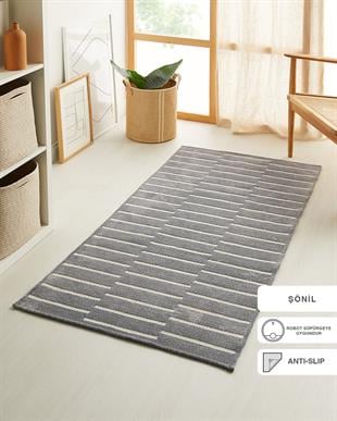 Gri Renk Çizgi Desenli Şönil Halı Kilim 80 x 150 cm
