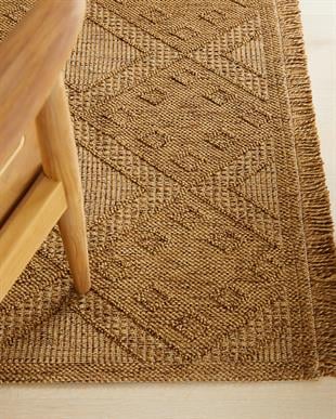 Yıkanabilir Püsküllü Jüt Görünümlü Naturel Renk Karo Desenli Halı Kilim 160 x 230 cm